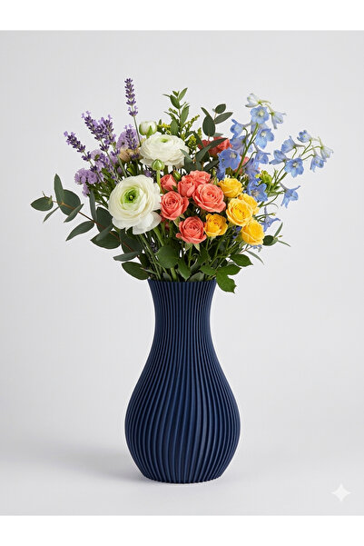 DenizCanlilari Lacivert Dikey Hatlı Modern Vazo - Bohem ve Şık Ev Aksesuarı