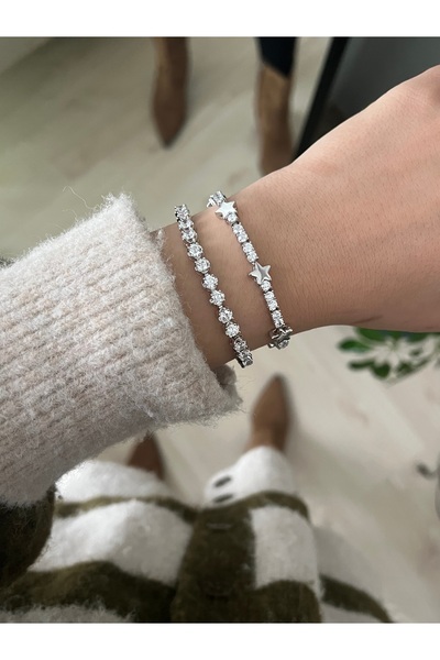 BusradanDesign سوار نسائي فضي اللون مرصع بالزركون مرصّع بالأحجار ستار ديتيل س...