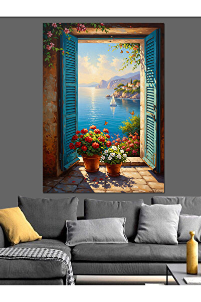 Tablo Mega Deniz Manzaralı Mavi Pencere Evi Dekoratif Kanvas - Mdf Ahşap Tablo