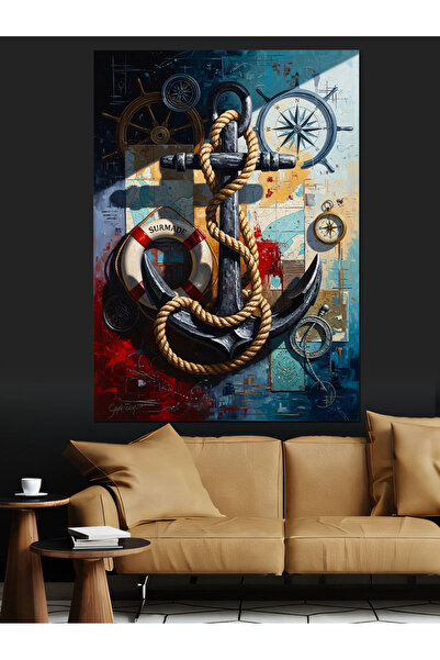 Artmeg Sailor's Anchor with Rope and Compass Decorative Canvas - Mdf Wood Table