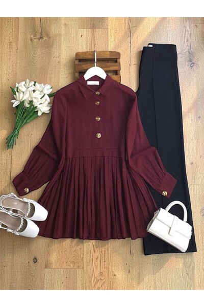ŞAHİN TESETTÜR GİYİM PİLİSELİ YARIM DÜĞMELİ KETEN TUNİK 5698
