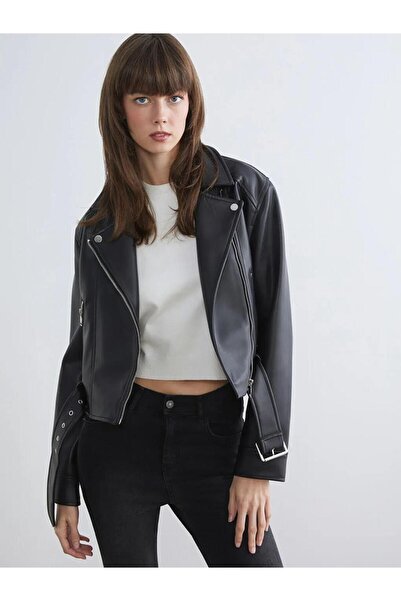 LC Waikiki artı-store εφέ δέρματος γυναικείο μπουφάν, με Γιακάς πουκαμίσου τε...