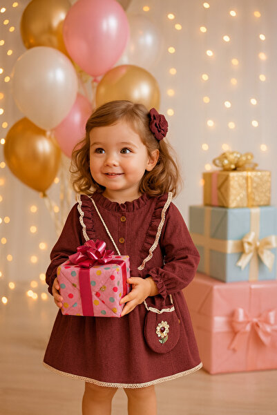 Melekpare Kız Bebek Çocuk Vintage Çantalı Kadife Elbise Dantel Detaylı Uzun K...