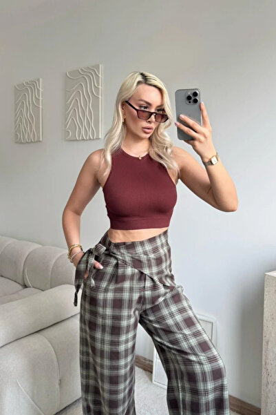 MOZENA Plaid Scarf Detail High Waist Palazzo Pants