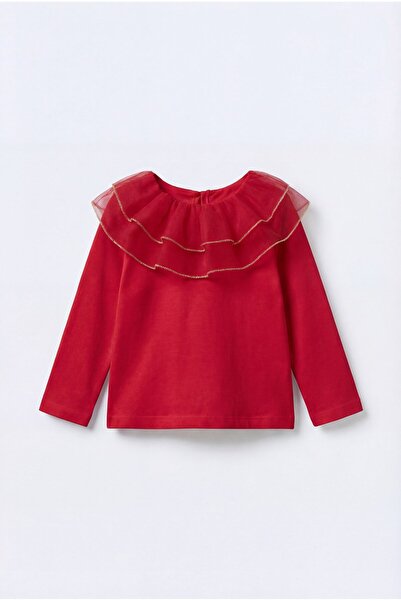 Magu Girl's Cotton Piece Red Tulle Volan Collar Blouse - Gold Striped Detail