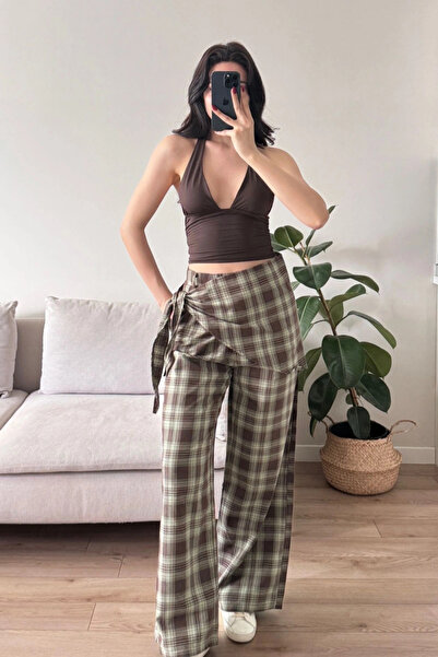 MOZENA Plaid Bel Scarf Tie Detail High Waist Palazzo Pants