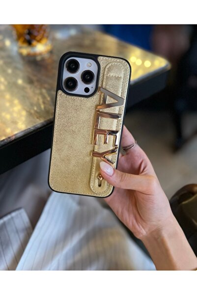 Eflatun Kılıf Kişiselleştirilebilir Deri Harfli Kılıf İphone 15 Pro Max Gold