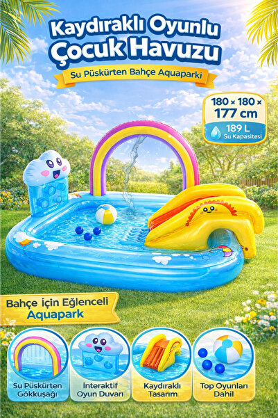 YILDIRIM OYUNCAK Kaydıraklı Oyunlu Şişme Çocuk Havuzu 180x180x177 cm – Su Püs...