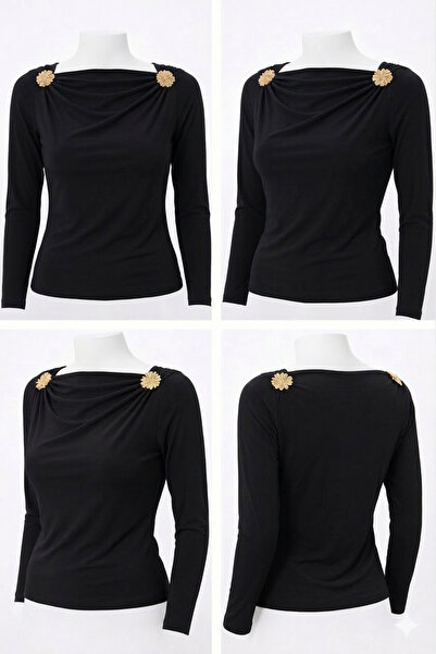 Saynsmoda Gold Broş Detaylı Drapeli Kadın Bluz