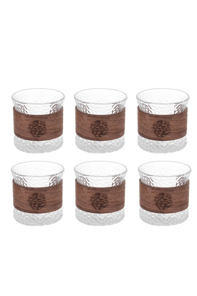 Malooki Set of 6 Textured Glass Cups with Wooden Protection, Japanese Zen Des...