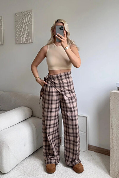 MOZENA Plaid Scarf Detail High Waist Palazzo Pants