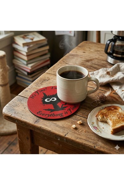 3D Layshop Set of 4: Funny Stressed Cat "Everything Is Fine" Coasters - Student Home and Office Table Decor
