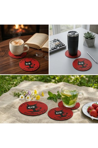 3D Layshop Set of 4: Funny Stressed Cat "Everything Is Fine" Coasters - Student Home and Office Table Decor