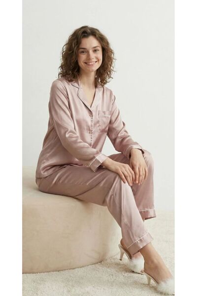 Espuar Women's V-Neck, Buttoned, Piped Detail Satin Pajama Set
