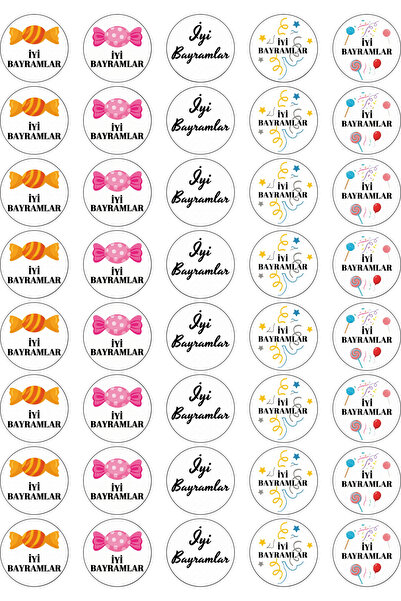 SemiramiS Rozet İyi Bayramlar Sticker 35 Adet Bayram Şekeri Temalı Yuvarlak E...