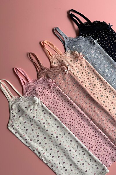 Elosia Velmira Lace Baskılı | 6'li Pamuklu V Yaka Dantelli İnce İp Askılı Bas...