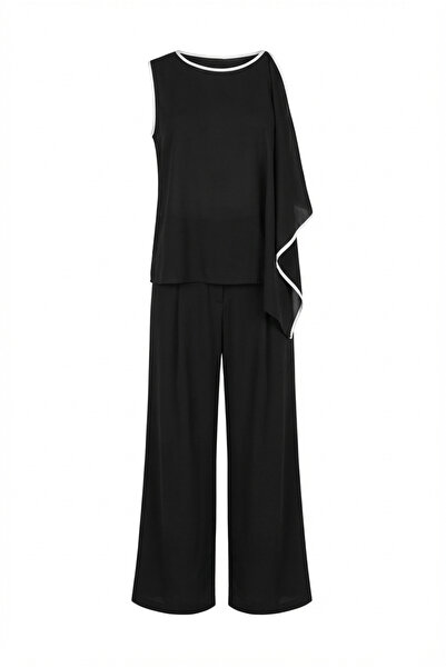 HAZELANNA Με βολάν Σετ μπλούζα-παντελόνι με έναν ώμο σε μαύρο χρώμα