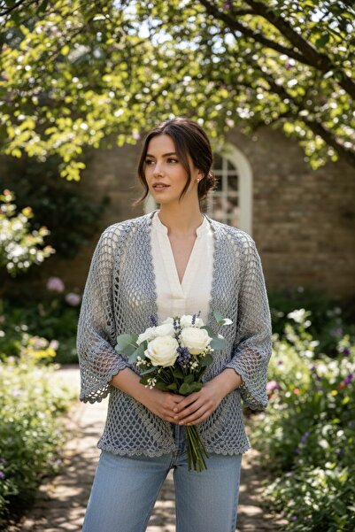 pulur.co Gray Hand Knitted Crochet Hexagonal Mesh Cardigan