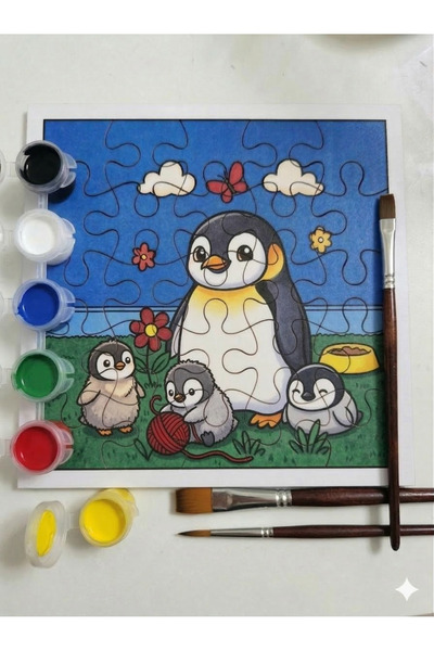 Hobiuniverse Çocuklar için Ahşap Boyanabilir Puzzle Seti Sevimli Penguenler T...