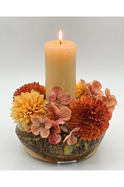 PAKETA Modern-Rustik Kütük Mumluk ve Yapay Çiçek Aranjman