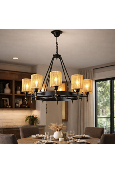 genric Modern black hanger with hemp ropes – two sizes, 8 E27 bulbs