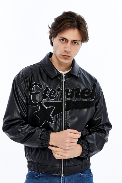 trender Eternal Baskı Мъжки кожени якета и палта 963 Черно