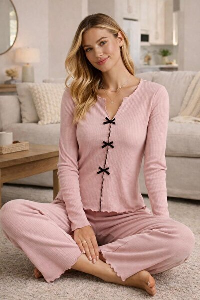 NUBARRON Pembe Uzun Kollu Pamuklu Fiyonk Detaylı Pijama Takımı