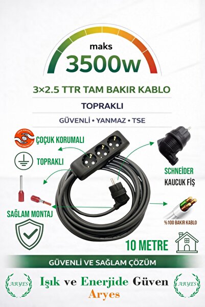 Aryes 3'lü Grup Priz 10 Metre 3×2,5 TTR Tam Bakır Kablo L Tipi Kauçuk Fiş Day...