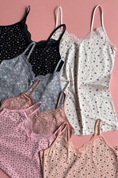 Elosia Velmira Lace Printed |   6-Pack of Cotton V-Neck Lace Pack of Thin Str...