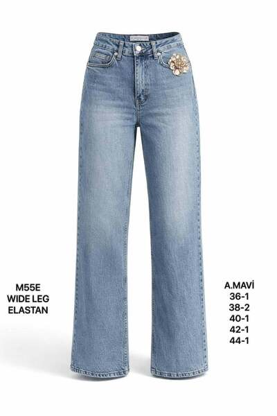 Miss Poem Women's Light Blue High Waist Wide Leg Jean Trousers with Floral Ac...