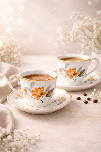 welcomein 2’li Porselen Kahve Fincan Takımı Çiçek Desenli Şık Sunumluk Türk K...