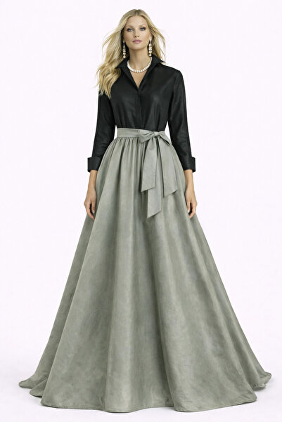 UNTIMELY Color-Block Detailed & Belted Maxi Taffeta Shirt Dress