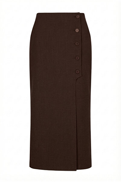 HAZELANNA Slit Brown Skirt with Side Buttons