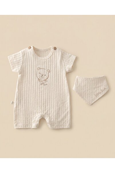 Minory Baby - %100 Pamuk Müslin Bebek Tulum Seti | Ayı Nakışlı | Fular Önlüklü