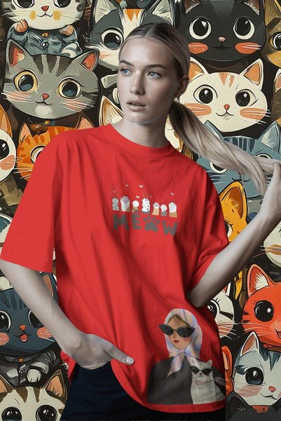 Ninkasiwear Cool Cat Printed Oversized 24/1 Cotton T-Shirt