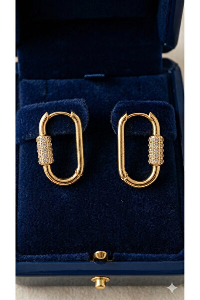 POEM JEWELLERY 18 Ayar Altın Kaplama Zirkon Taşlı Dikdörtgen Halka Küpe Karar...