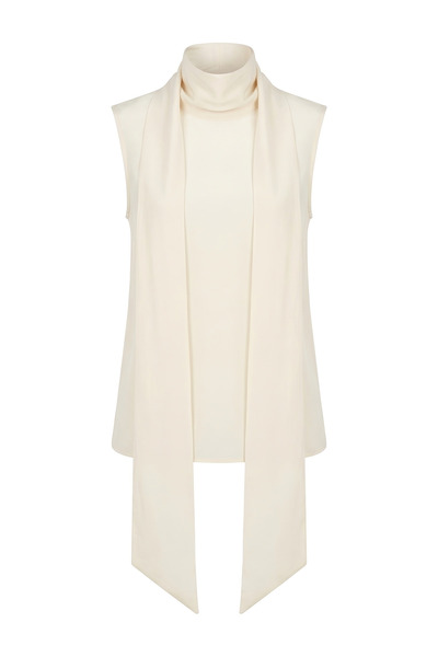 HAZELANNA Elegant Shawl Collar Ecru Sleeveless Blouse