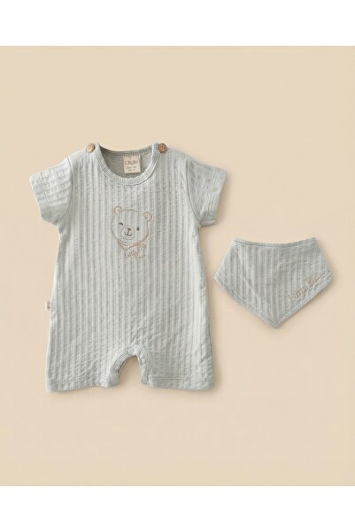 Minory Baby - %100 Pamuk Müslin Bebek Tulum Seti | Ayı Nakışlı | Fular Önlüklü