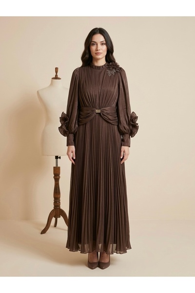 Rabiossa Kadın Kahverengi Piliseli Simli Şifon Elbise