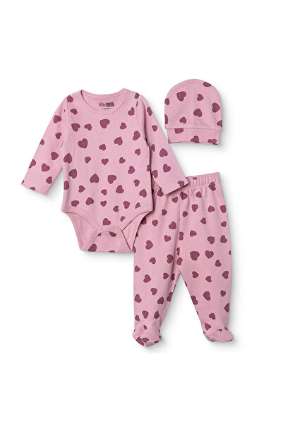 ebebek Hello Baby HelloBaby Kız Bebek Body-Alt-Şapka Kalp Baskılı Çıtçıtlı Bi...
