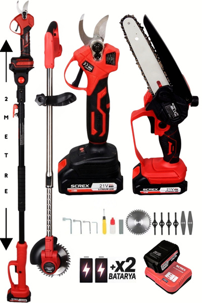 SCREX Profesyonel 4’Lü Set Şarjlı Makas Testere Tırpan Ve Teleskopik Uzatma 2...