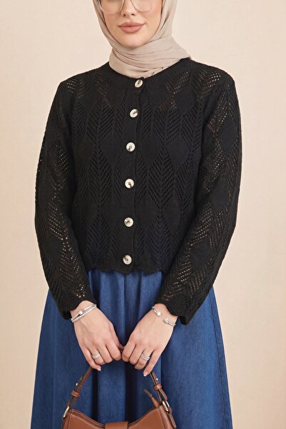 Modamorfo Yaprak Patterned Lace-Like Knit Knitwear Cardigan - Black