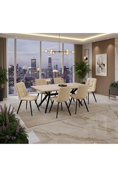 TrentonGCC طقم طاولة طعام خشبية عصرية مع 6 كراسي مخمل