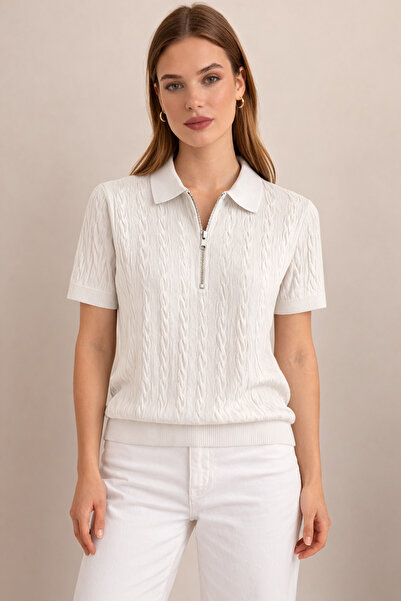 pepule Γυναικεία πλεκτή μπλούζα με φερμουάρ και λαιμόκοψη πόλο, κοντομάνικη –...