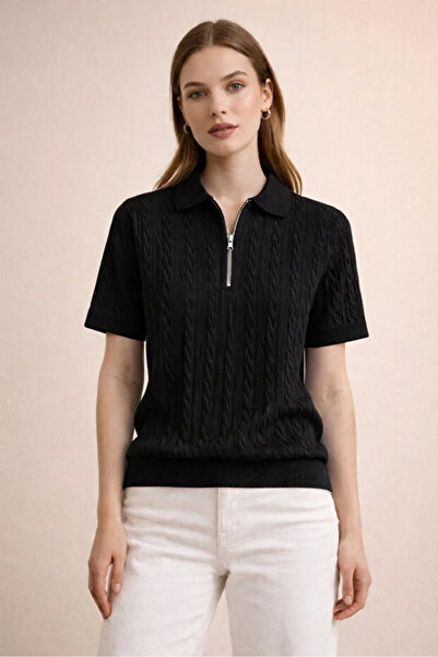 pepule Bluză cu mânecă scurtă, cu guler polo și fermoar, din tricot premium p...