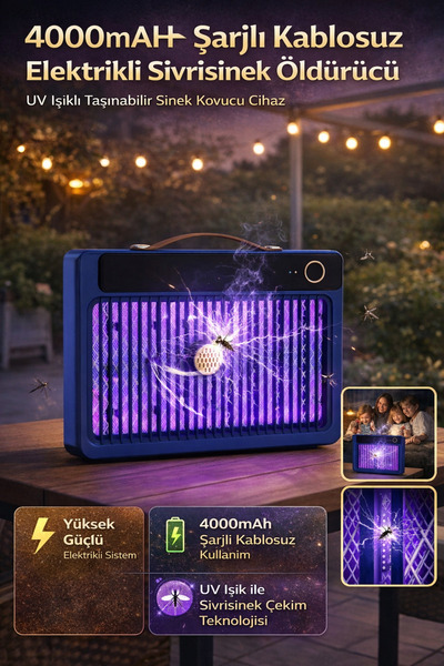Hane Dostu 4000mAh Şarjlı Kablosuz Elektrikli Sivrisinek Öldürücü UV Işıklı T...