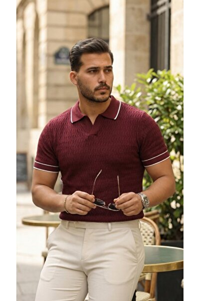 Modayakamoz Ανδρικό πλεκτό κοντομάνικο με γιακά ζιγκ-ζαγκ Με υφή