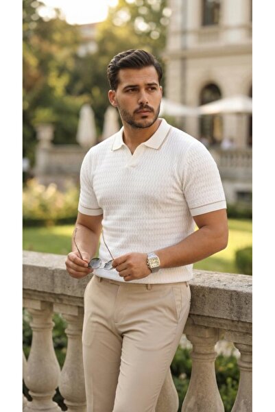 Modayakamoz Ανδρικό πλεκτό κοντομάνικο με γιακά ζιγκ-ζαγκ Με υφή