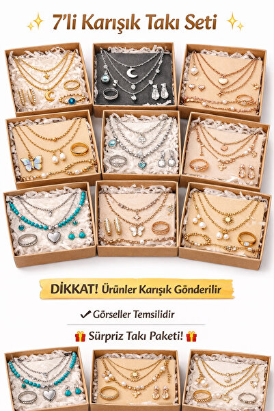 Selvica 7'li Karışık Takı Seti – Kadın Kolye Küpe Yüzük Bileklik Halhal Sürpr...