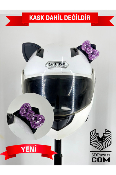 Butik Motor & Motosiklet Eflatun Simli Fiyonklu Siyah Kedi Kulak Kask Dış Aks...